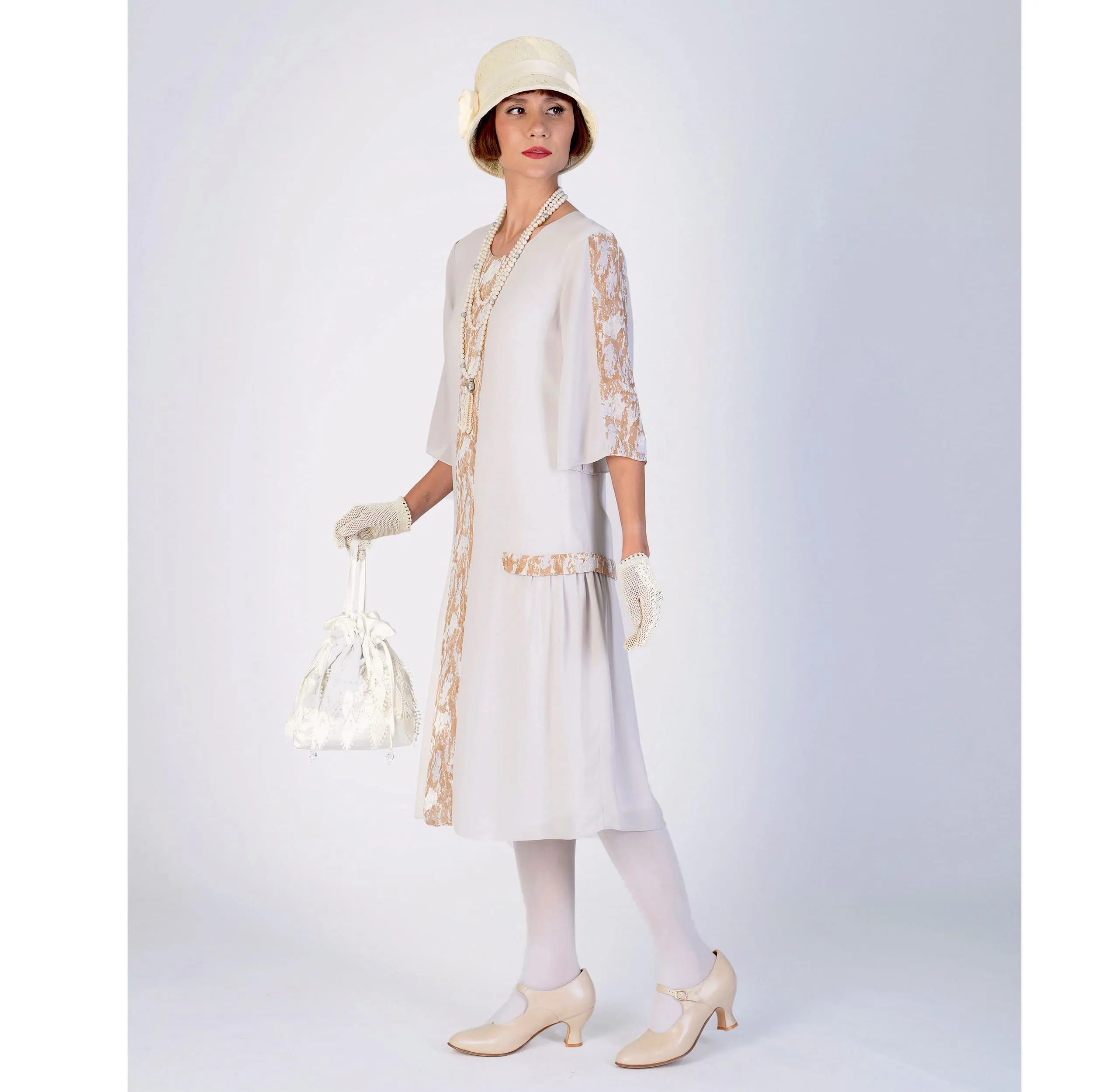 1920s chiffon party dress in bleached linen color and printed brown