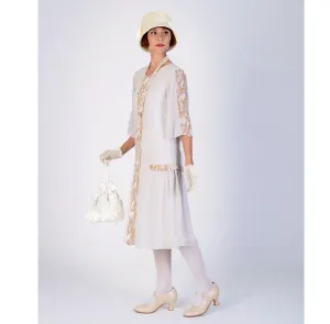 1920s chiffon party dress in bleached linen color and printed brown