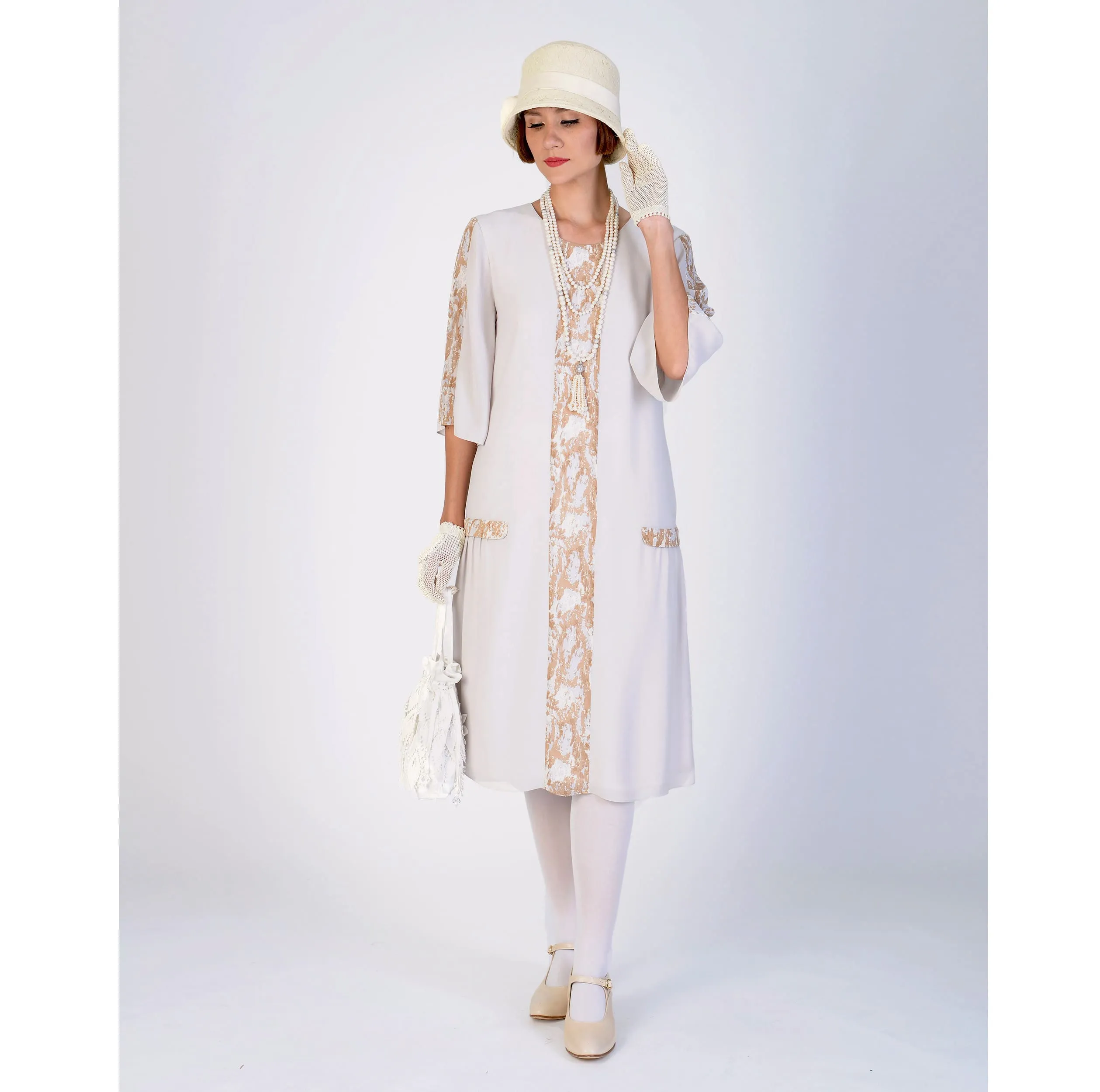 1920s chiffon party dress in bleached linen color and printed brown