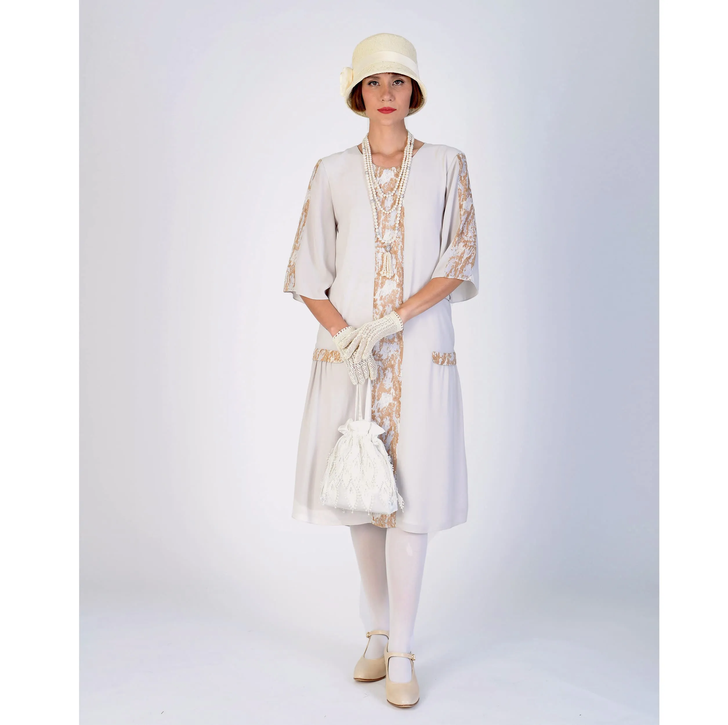 1920s chiffon party dress in bleached linen color and printed brown