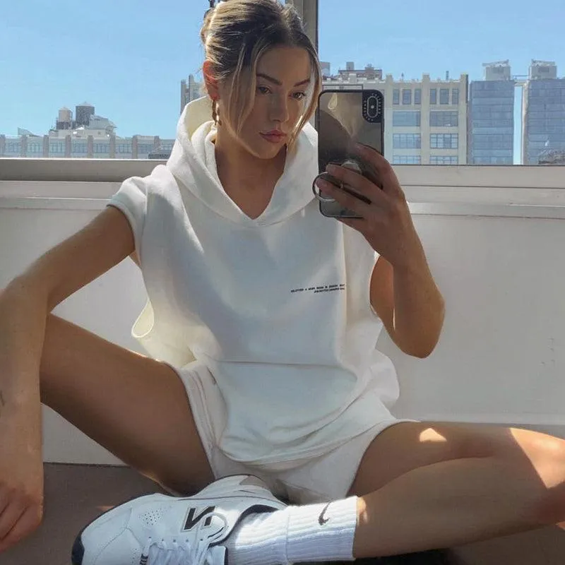 American Retro White Sleeveless Hoodie