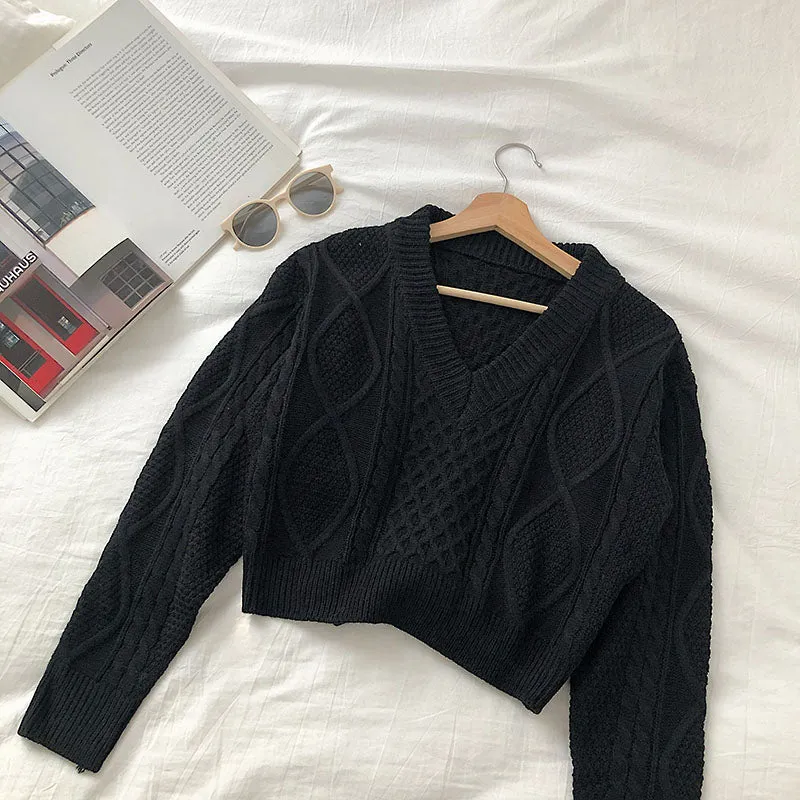 Bandage short V-neck twist long sleeve sweater 5832