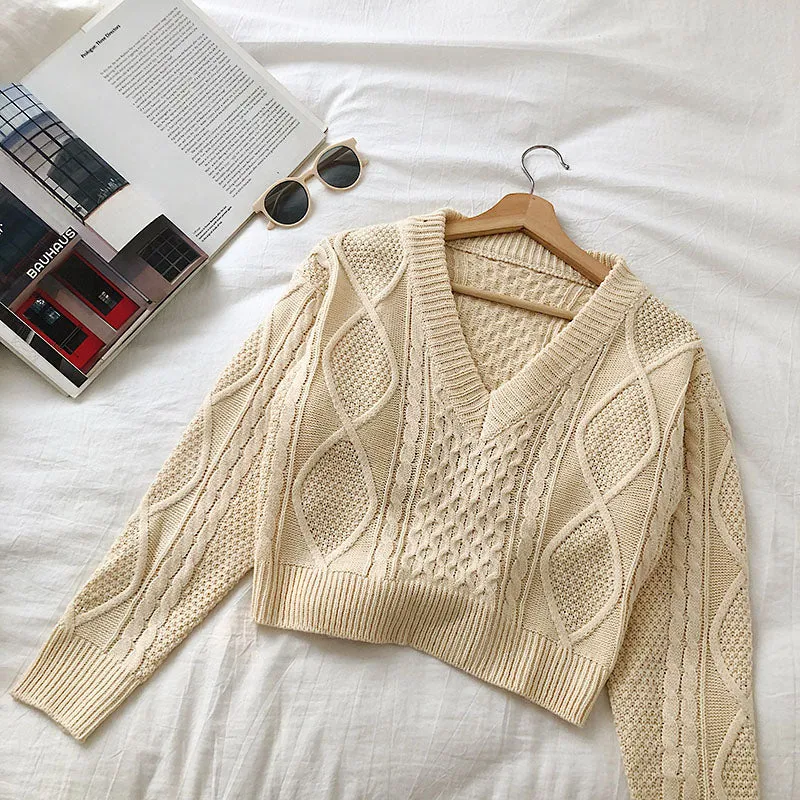 Bandage short V-neck twist long sleeve sweater 5832