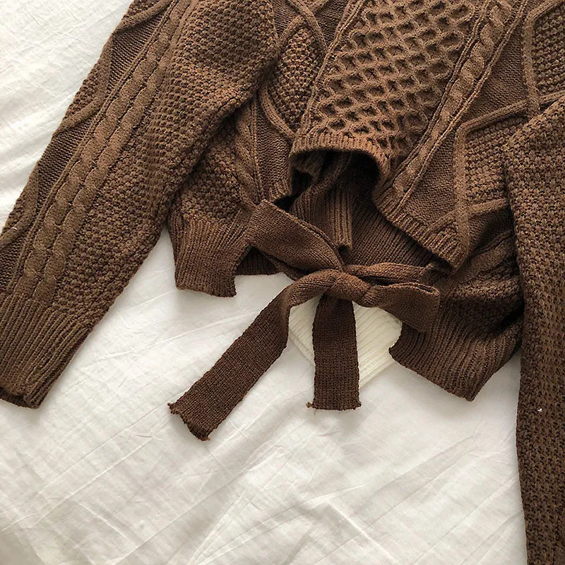 Bandage short V-neck twist long sleeve sweater 5832