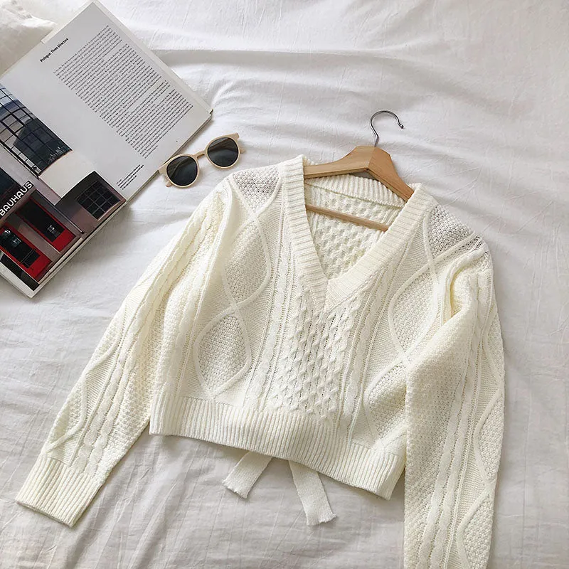 Bandage short V-neck twist long sleeve sweater 5832