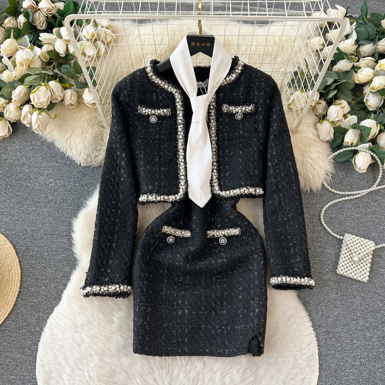Beaded Tweed Blazer&Slip Dress 2Pcs