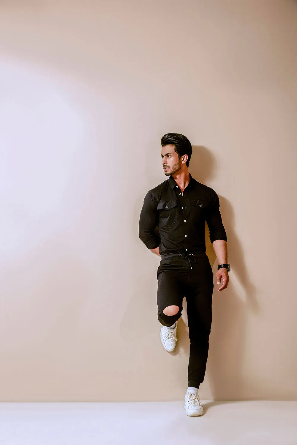 Black Jogger With Knee Rip Detail