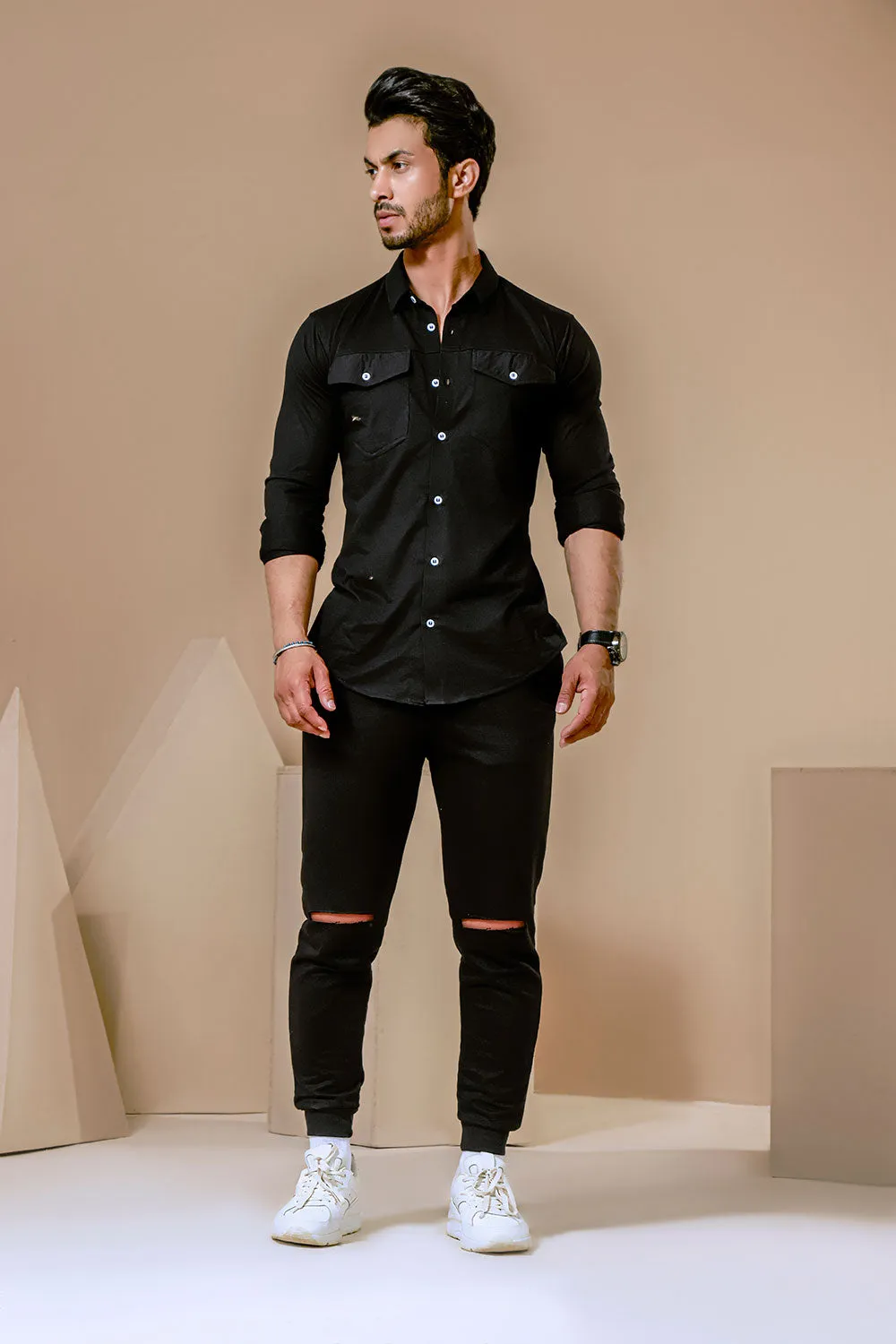 Black Jogger With Knee Rip Detail