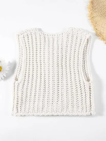 Black Sleeveless Crochet Cardigan Vest Button Down