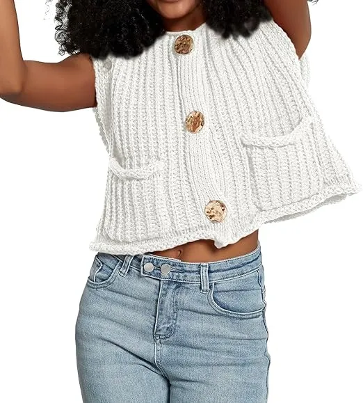 Black Sleeveless Crochet Cardigan Vest Button Down
