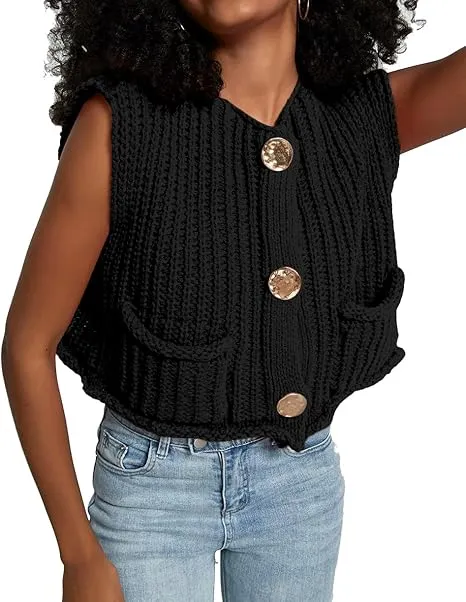 Black Sleeveless Crochet Cardigan Vest Button Down