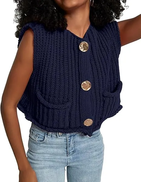 Black Sleeveless Crochet Cardigan Vest Button Down