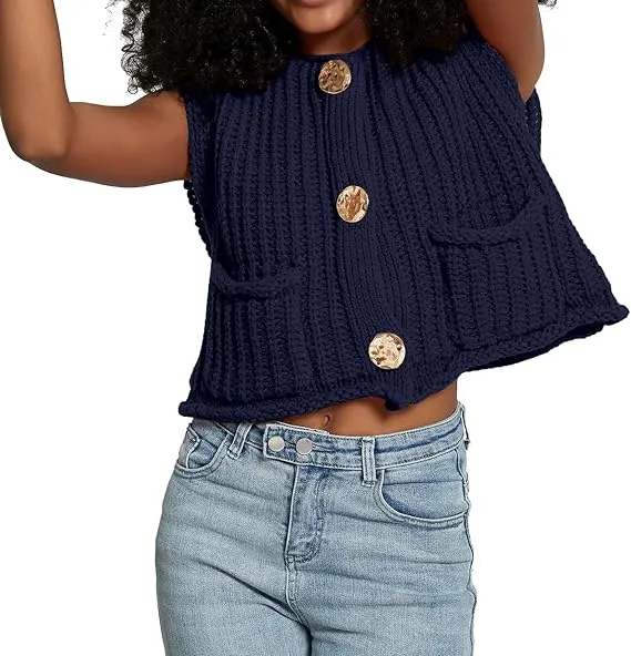 Black Sleeveless Crochet Cardigan Vest Button Down