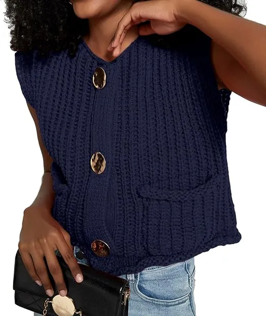 Black Sleeveless Crochet Cardigan Vest Button Down
