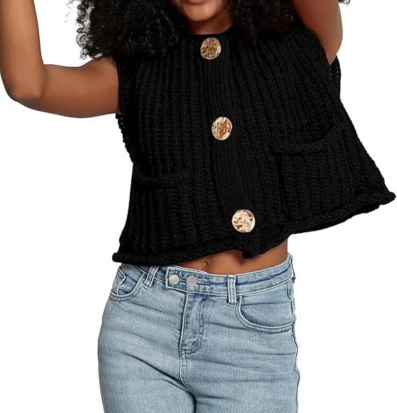 Black Sleeveless Crochet Cardigan Vest Button Down