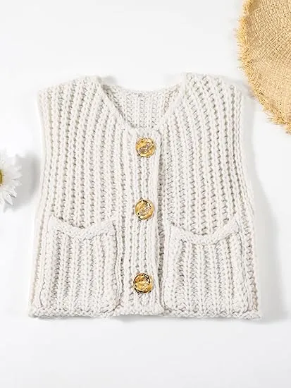 Black Sleeveless Crochet Cardigan Vest Button Down
