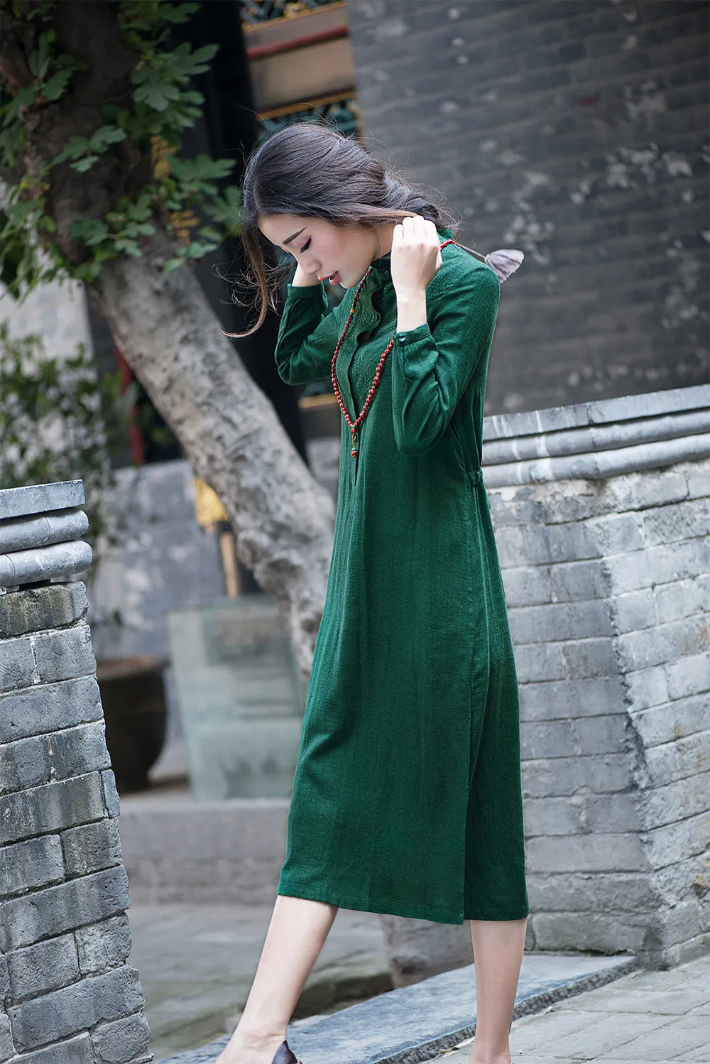 Blue dresses or green dresses with 3/4 sleeves in cusual style pure color C1555