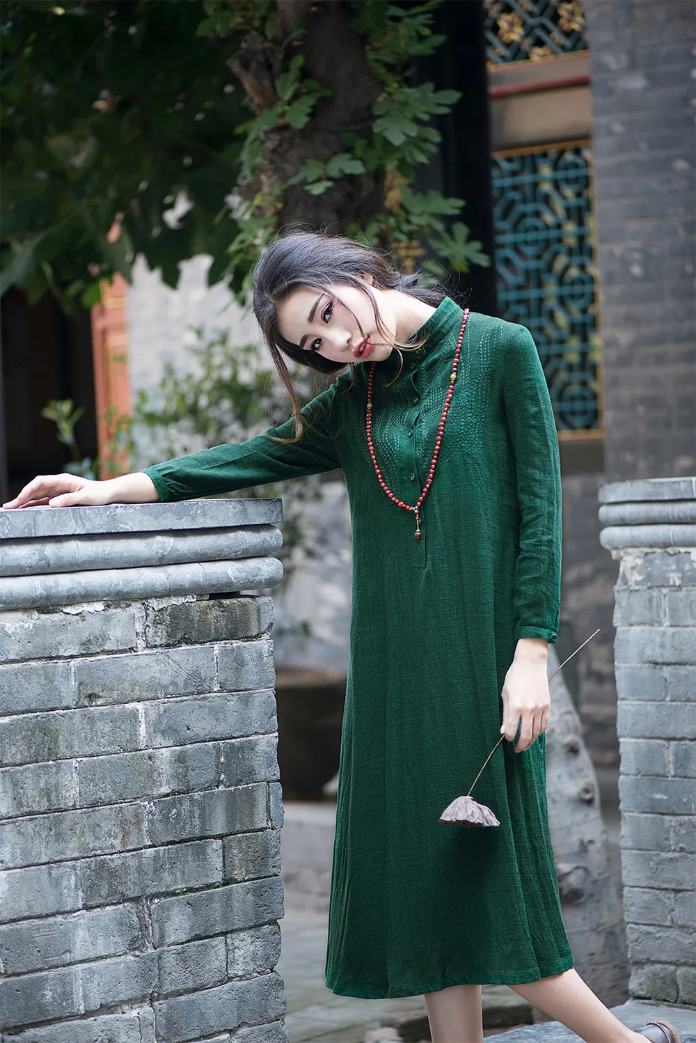 Blue dresses or green dresses with 3/4 sleeves in cusual style pure color C1555