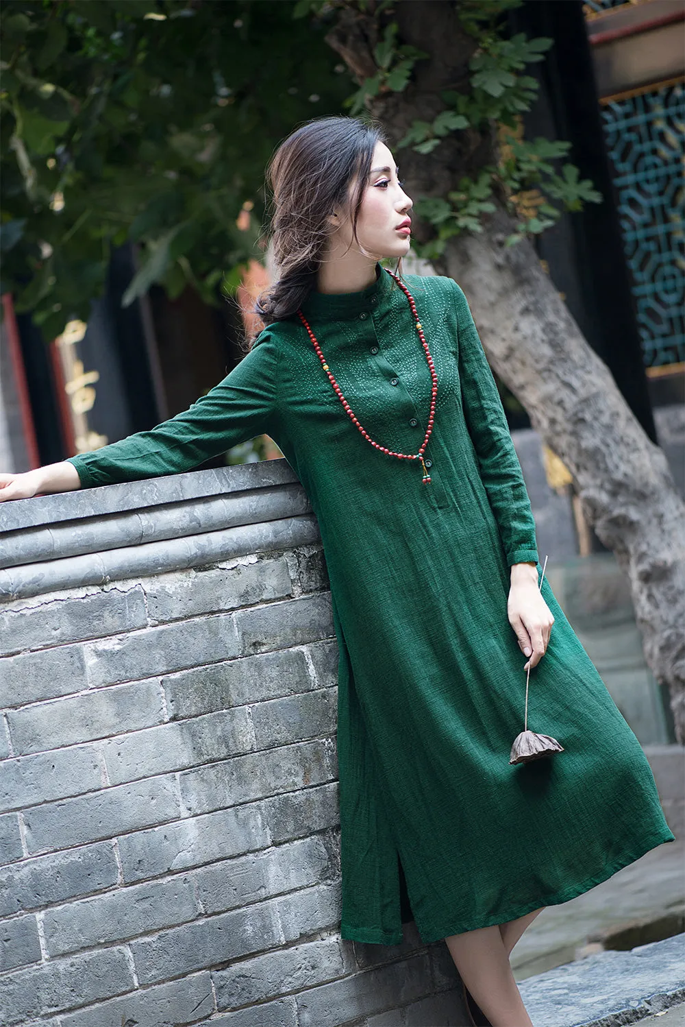 Blue dresses or green dresses with 3/4 sleeves in cusual style pure color C1555