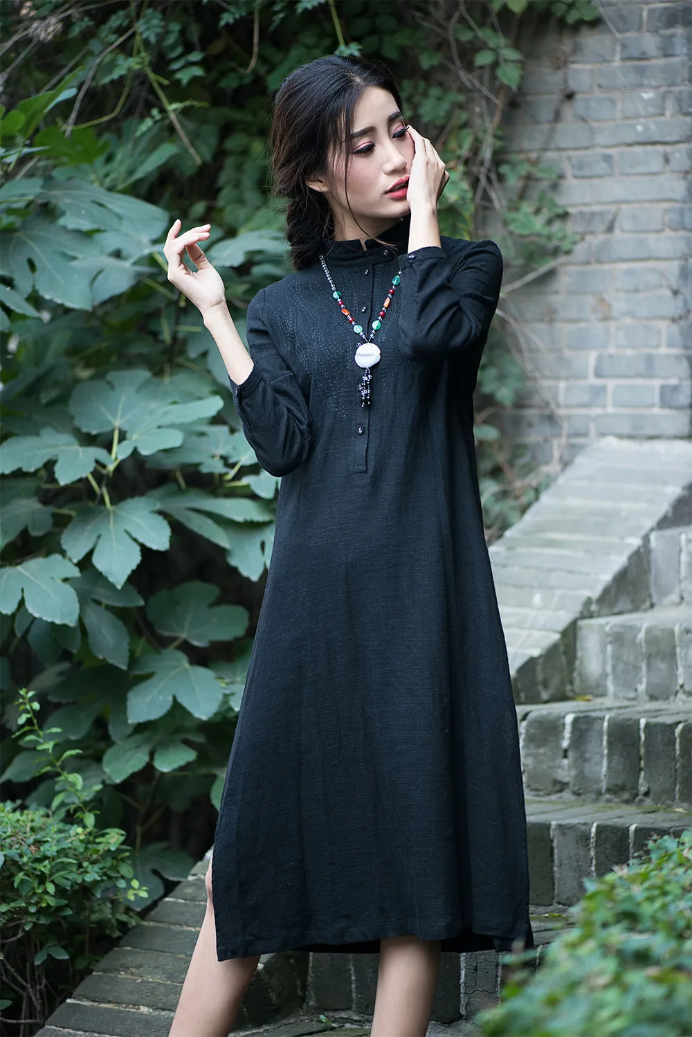 Blue dresses or green dresses with 3/4 sleeves in cusual style pure color C1555