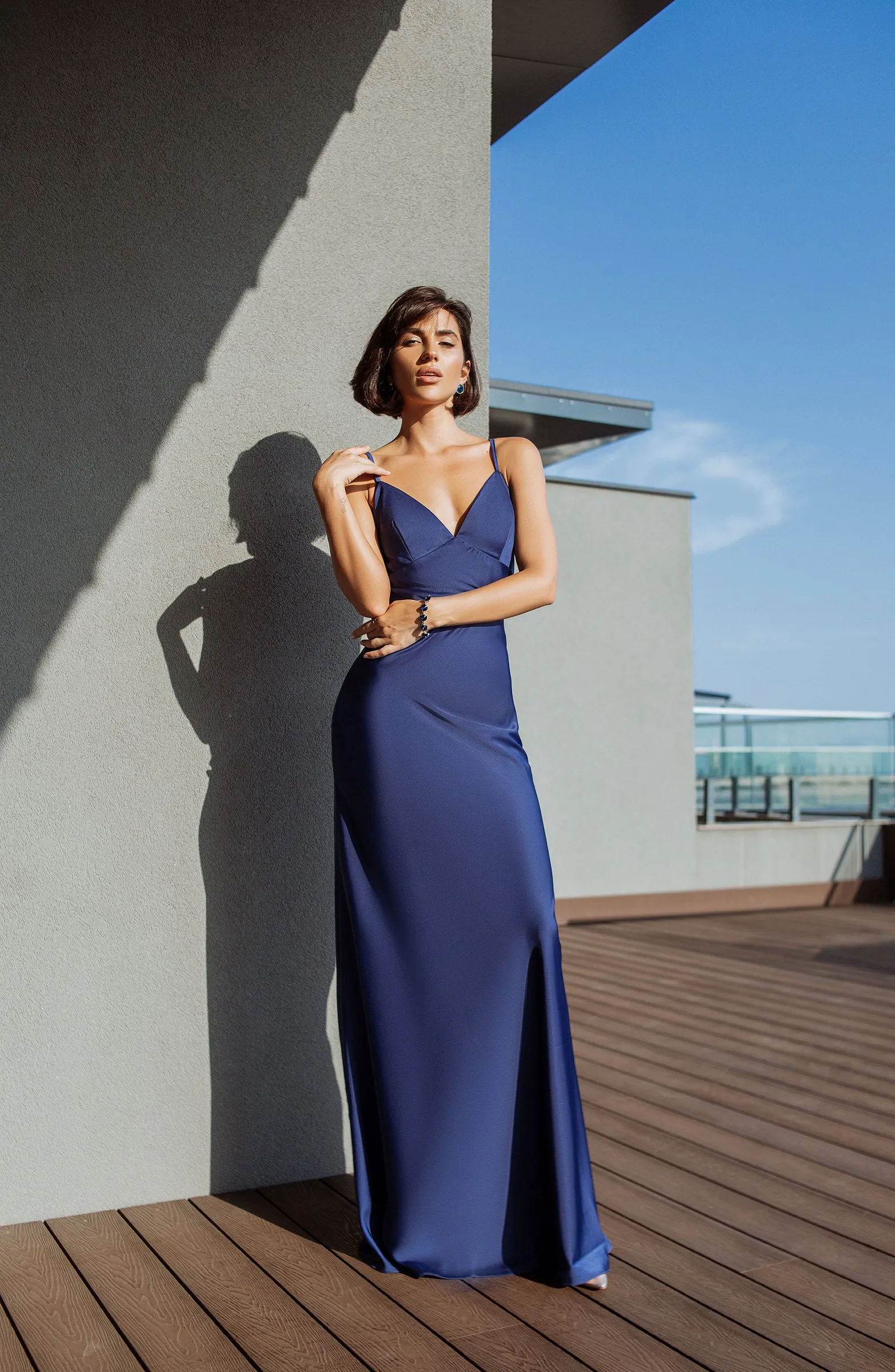 Blue Satin Slip Maxi Dress