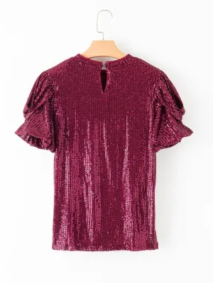 Burgundy Sequin Top with Balloon Sleeves