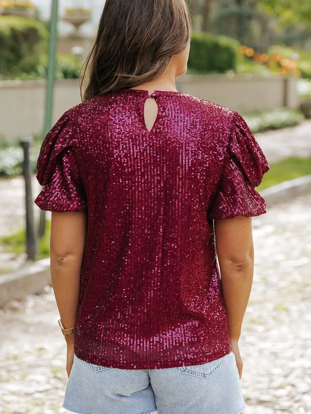 Burgundy Sequin Top with Balloon Sleeves