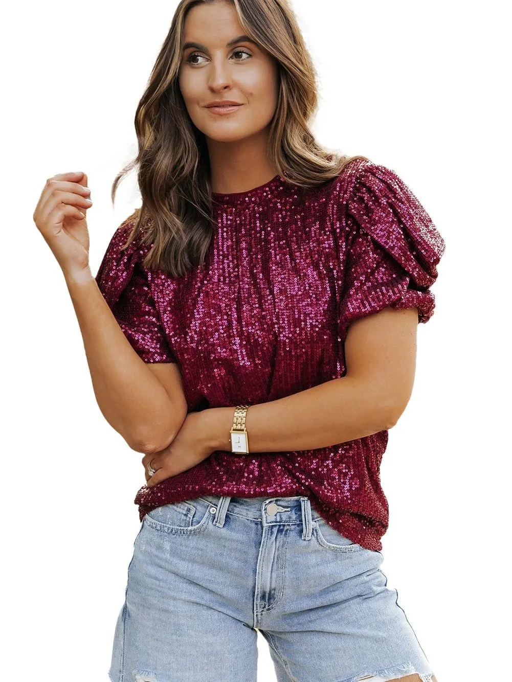 Burgundy Sequin Top with Balloon Sleeves