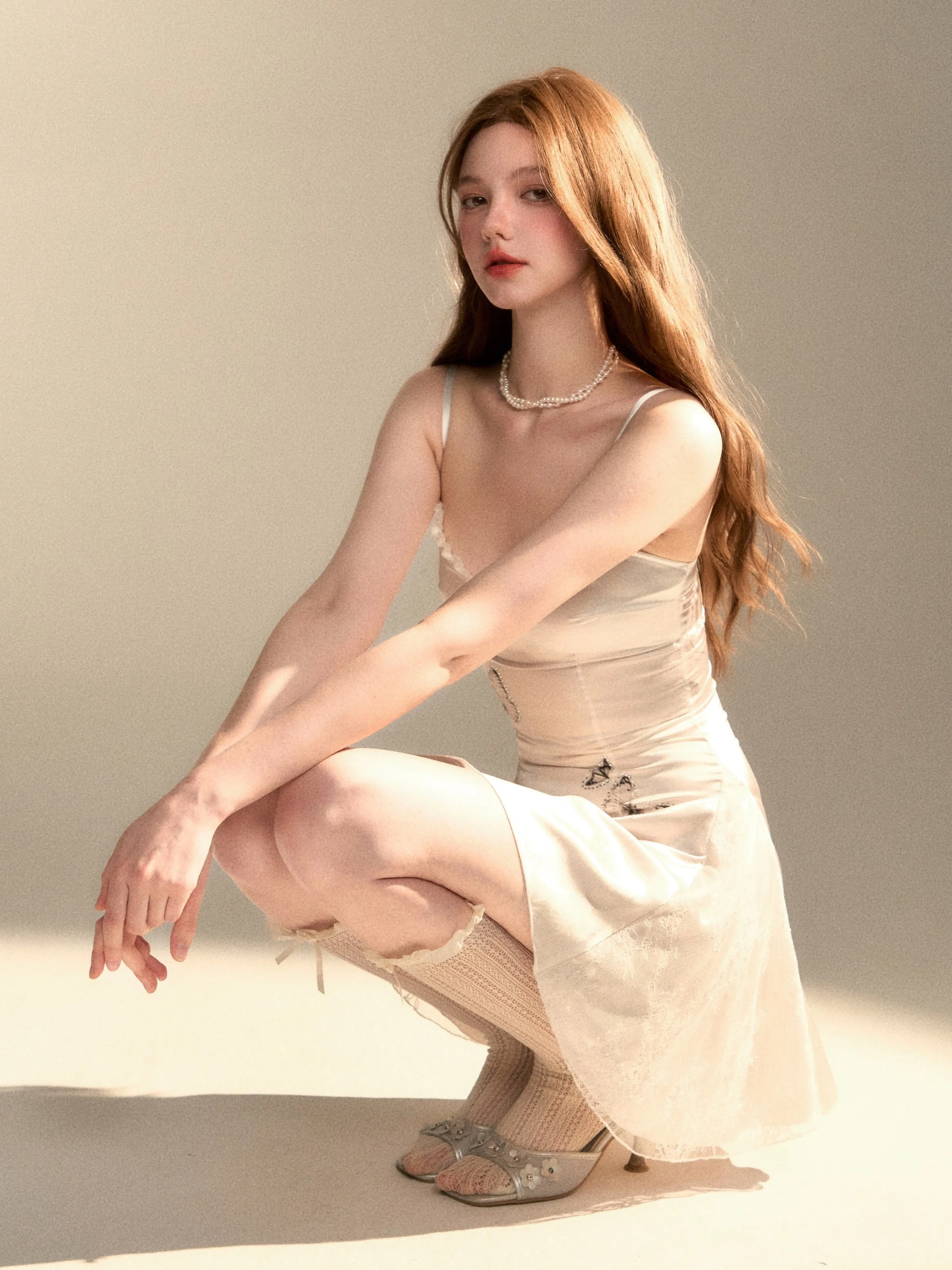 Butterfly Print Lace Irregular Design Slip Dress