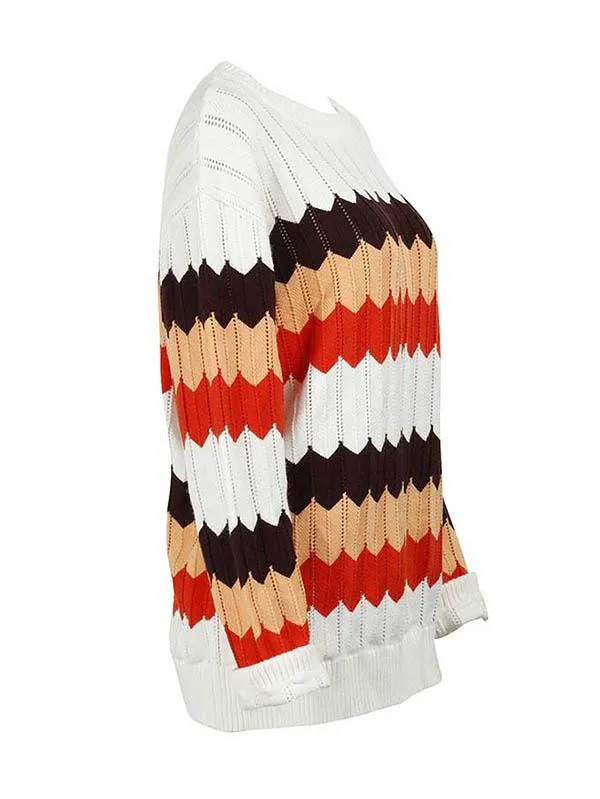 Casual Drop Shoulder Color Block Pullover Sweaters For Women