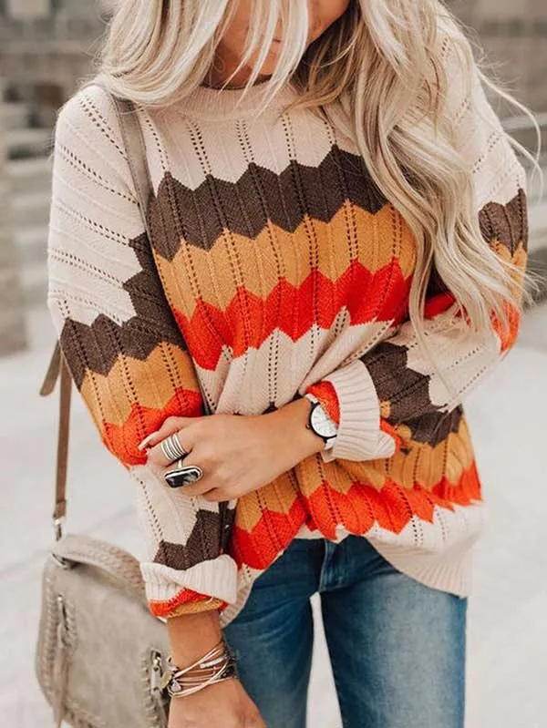 Casual Drop Shoulder Color Block Pullover Sweaters For Women