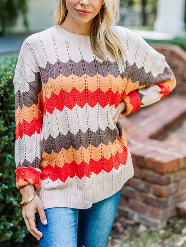 Casual Drop Shoulder Color Block Pullover Sweaters For Women