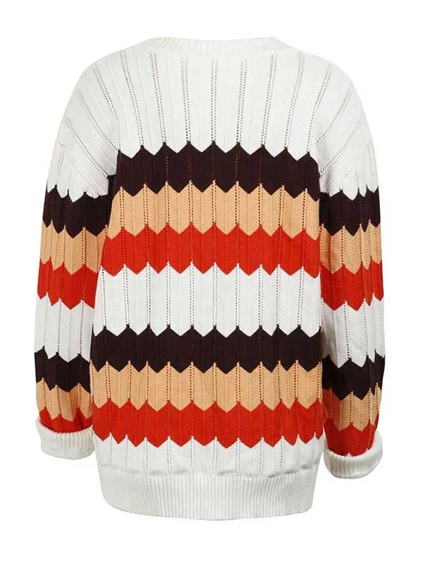 Casual Drop Shoulder Color Block Pullover Sweaters For Women