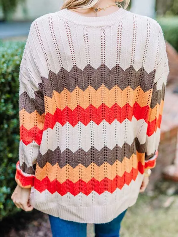 Casual Drop Shoulder Color Block Pullover Sweaters For Women