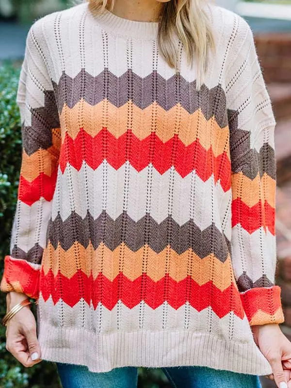 Casual Drop Shoulder Color Block Pullover Sweaters For Women