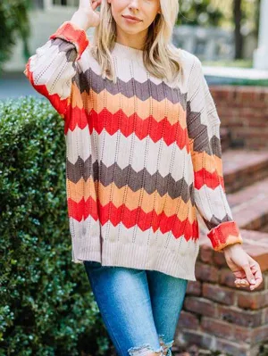 Casual Drop Shoulder Color Block Pullover Sweaters For Women