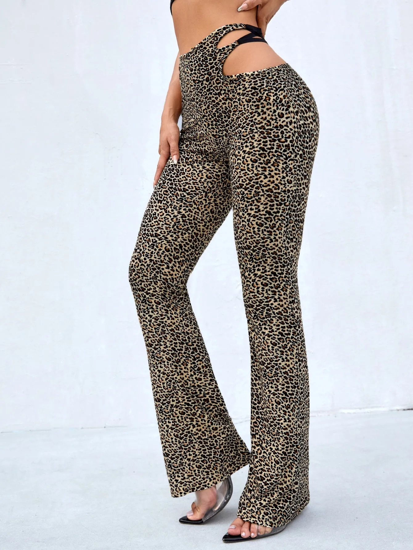 Casual Leopard Cut Out High Waist Long Women Pants