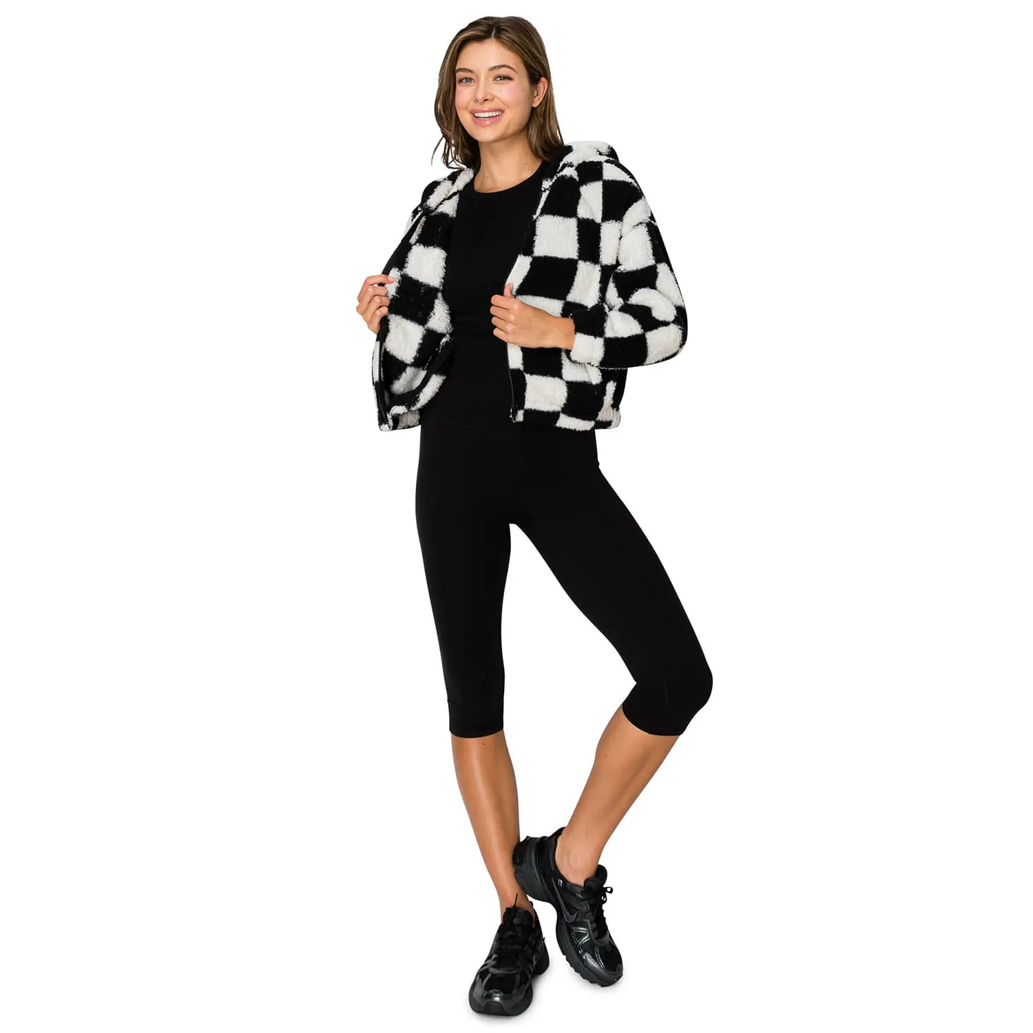 Checkerboard Sherpa Hooded Jacket - Black White
