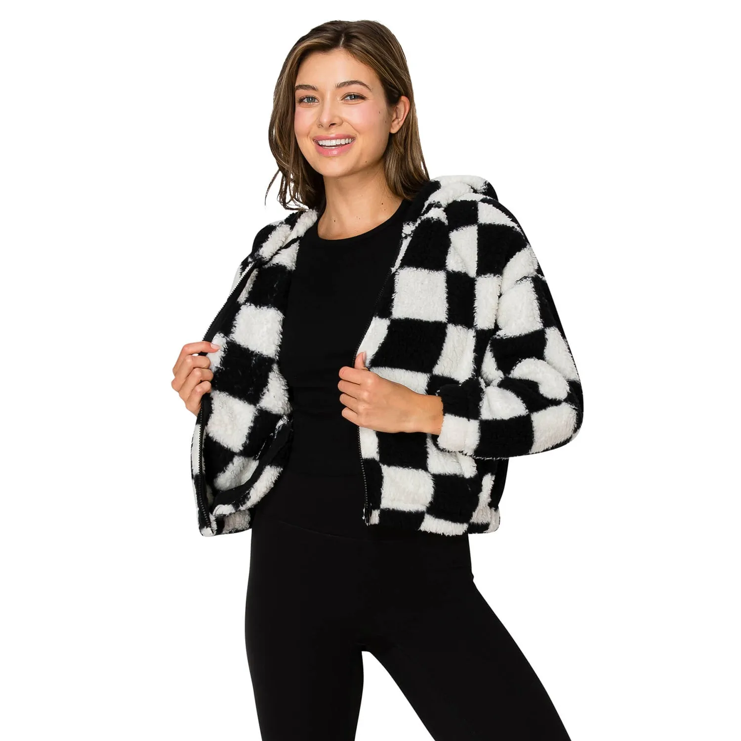 Checkerboard Sherpa Hooded Jacket - Black White