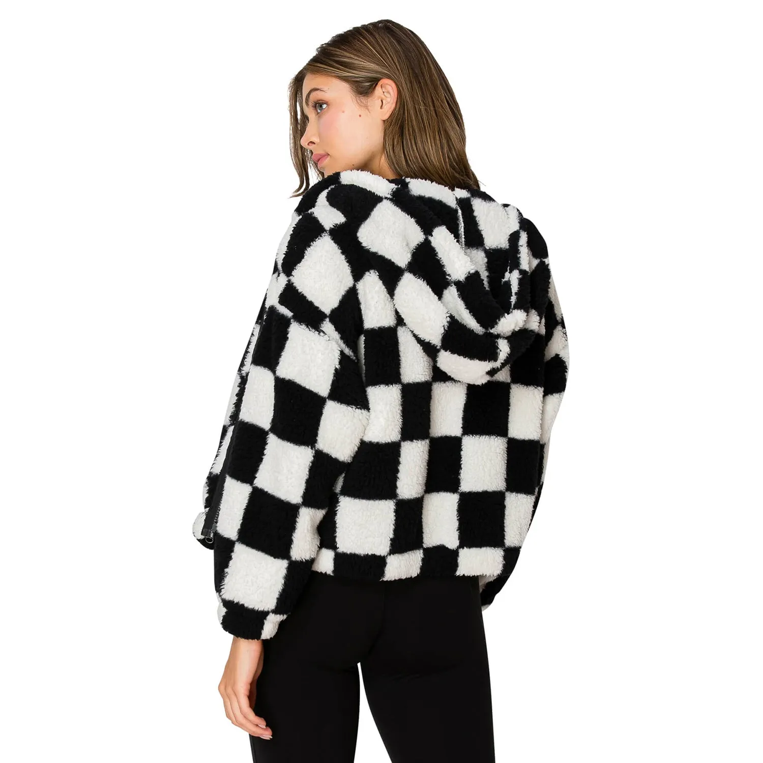 Checkerboard Sherpa Hooded Jacket - Black White