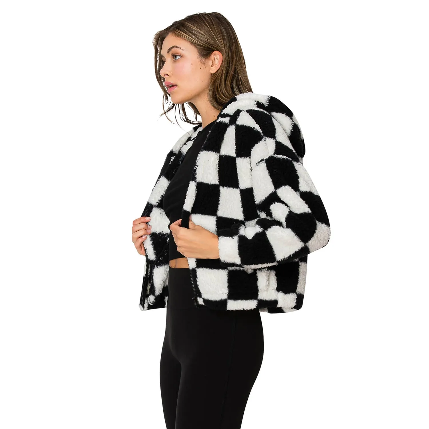 Checkerboard Sherpa Hooded Jacket - Black White
