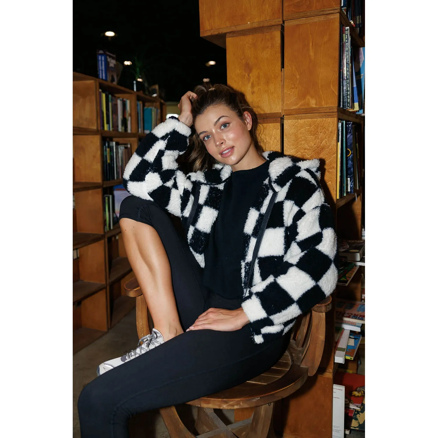 Checkerboard Sherpa Hooded Jacket - Black White