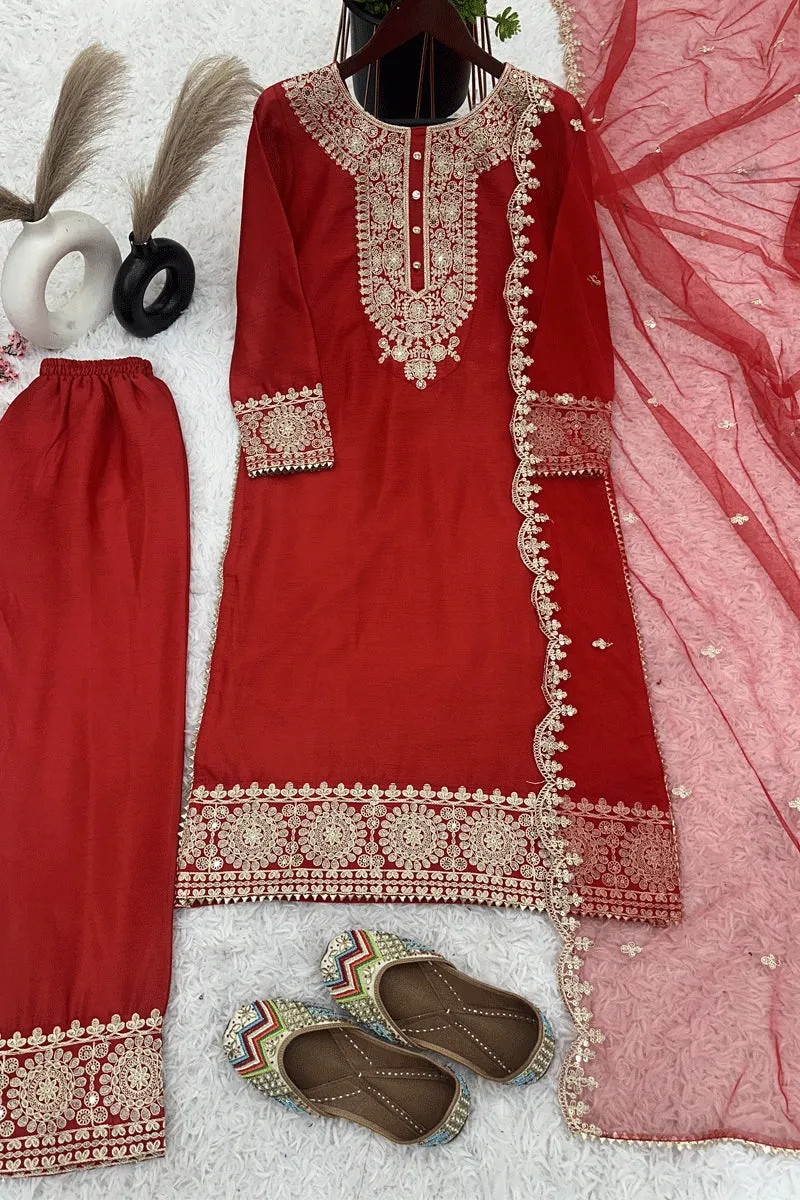 Chinnon Silk Red Colour Full Pair Dress For Karwa Chauth