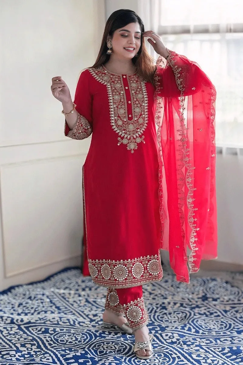 Chinnon Silk Red Colour Full Pair Dress For Karwa Chauth