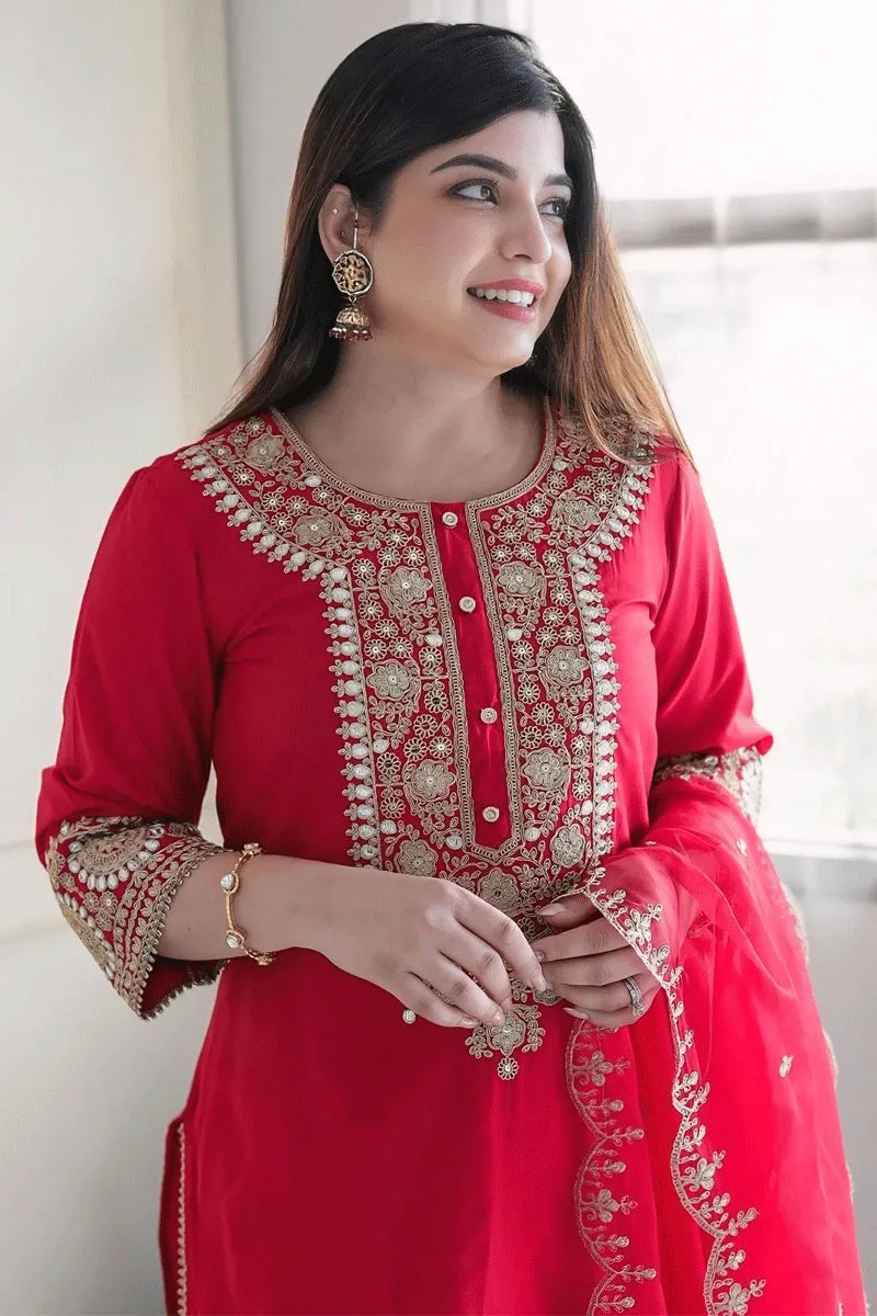 Chinnon Silk Red Colour Full Pair Dress For Karwa Chauth