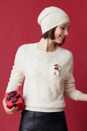 Chunky 100 Cashmere Cable Knit Crew Neck Sweater with Bear