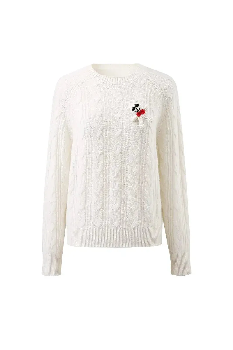 Chunky 100 Cashmere Cable Knit Crew Neck Sweater with Bear