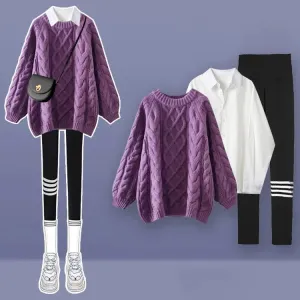 Classic Preppy Polyester Three-Piece Set in Elegant Purple