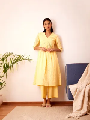 Cotton Jacquard Floral Kurta Set - Yellow