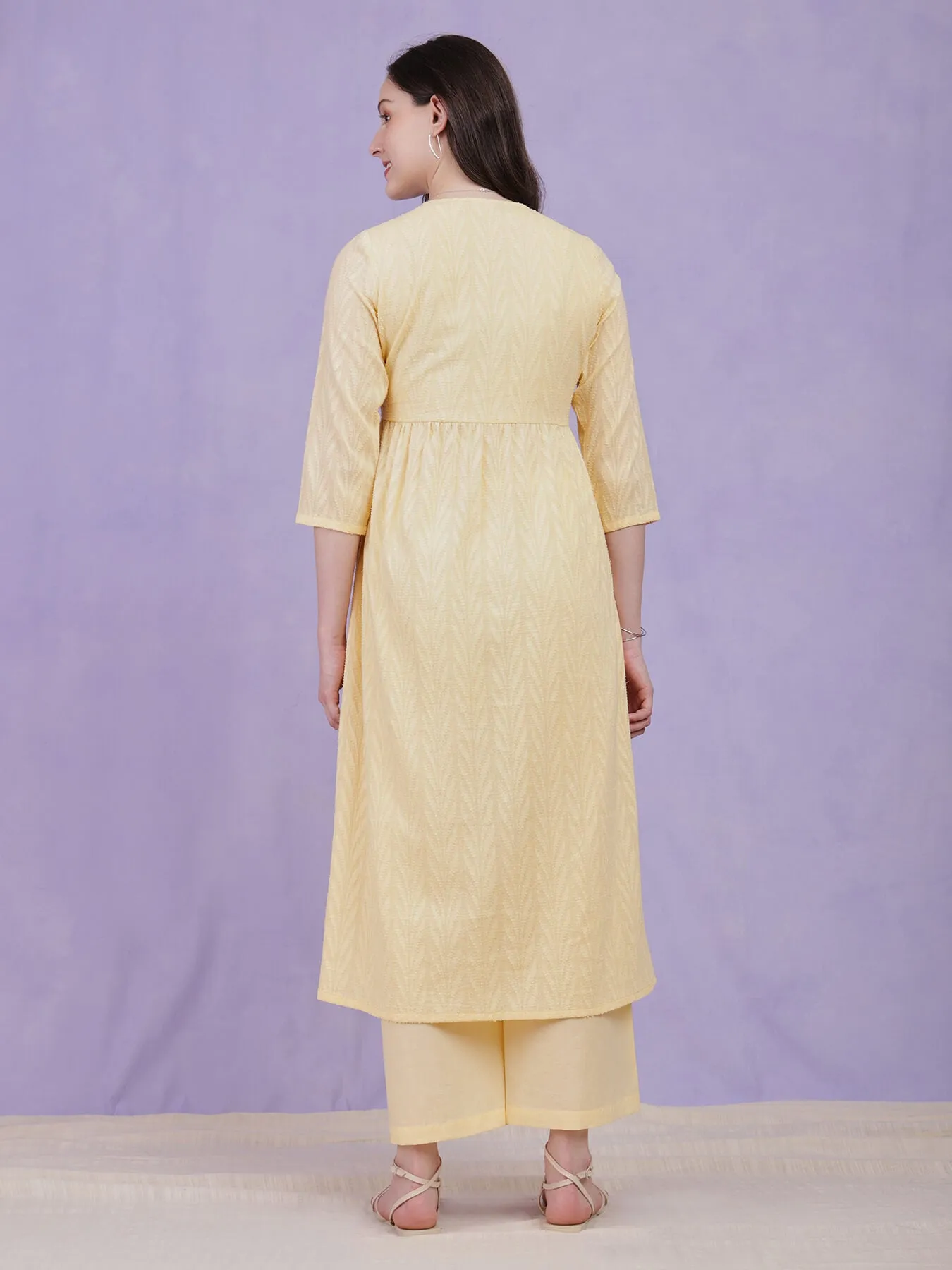 Cotton Jacquard Floral Kurta Set - Yellow